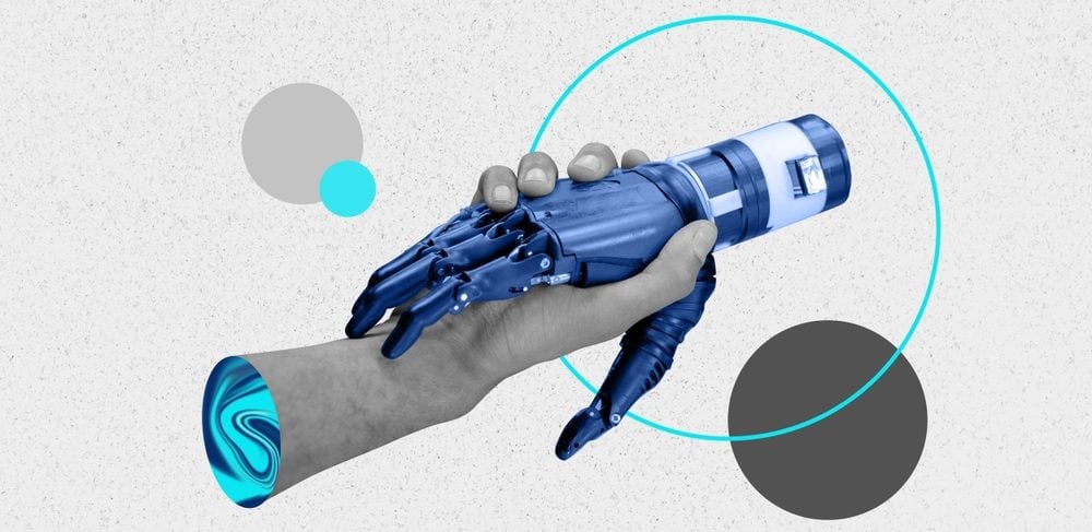 Handshake between man and AI collage on white background. Partnership and teamwork concept, working together.